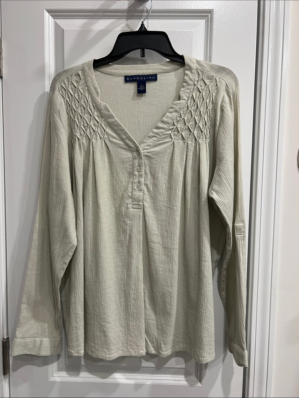 Bandolino Cream Smocked V-Neck Long-Sleeve Blouse